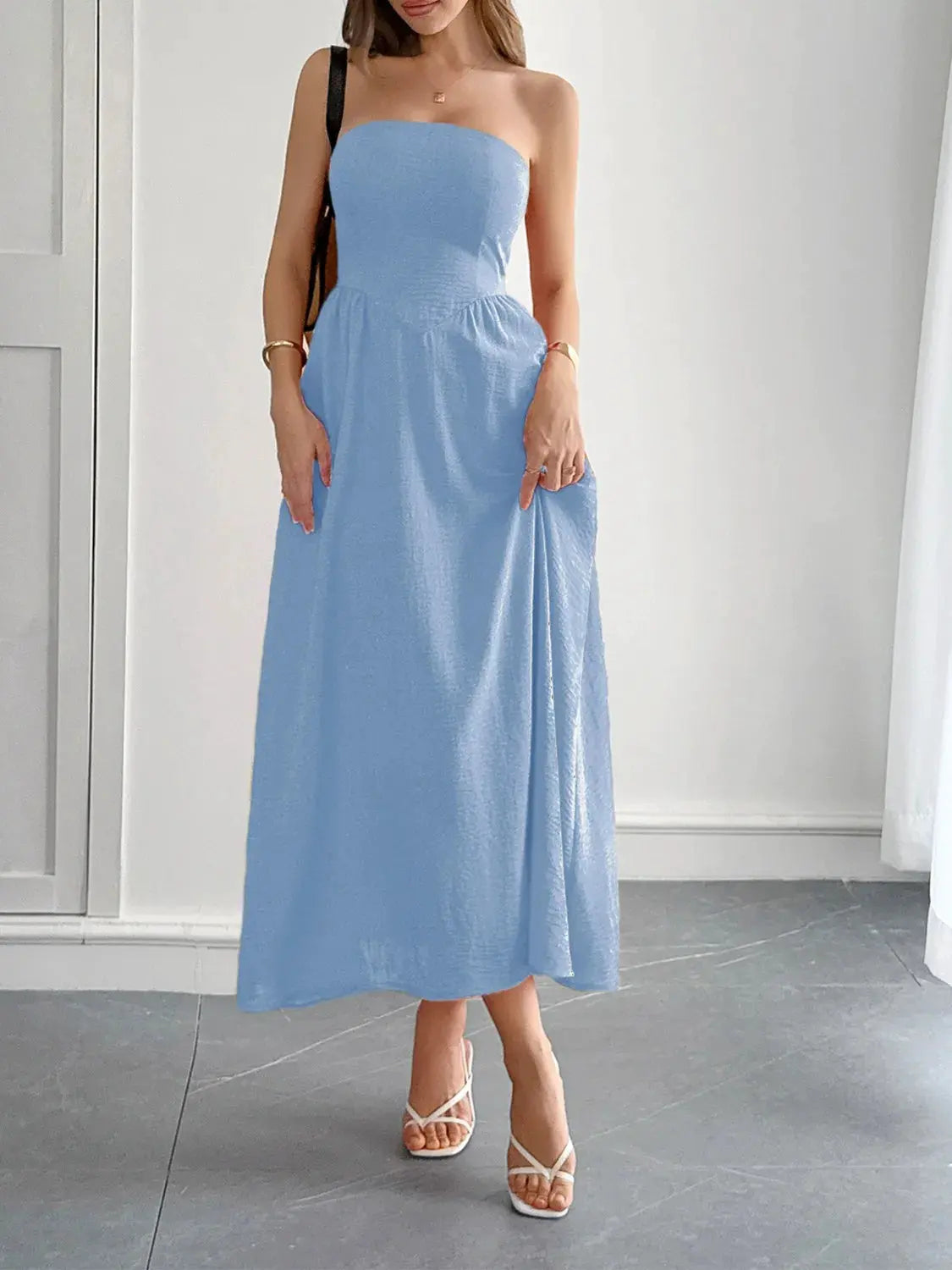 Strapless A-Line Midi Dress with Pockets by Partner Label