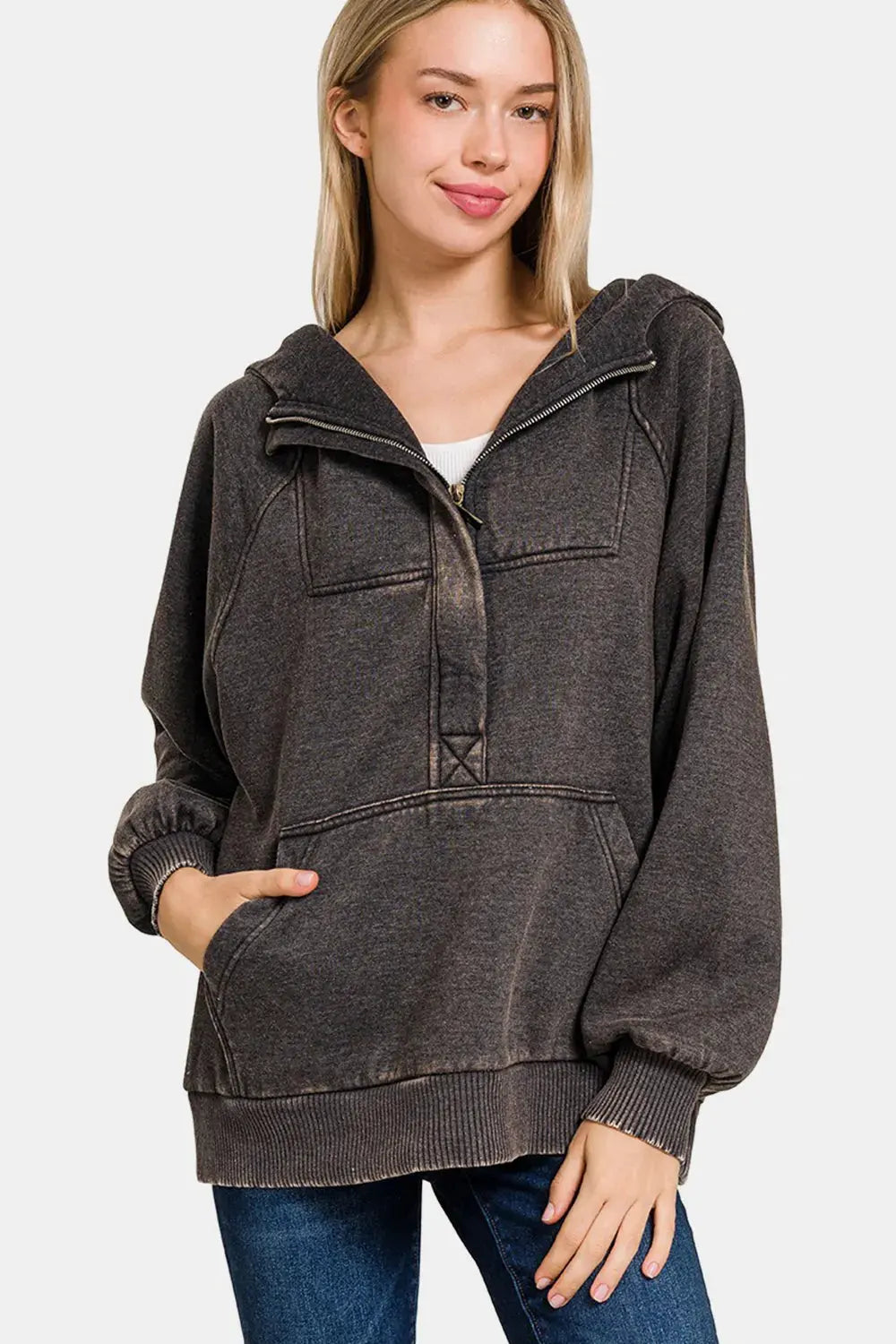 Zenana Acid Wash Fleece Kangaroo Hoodie by Zenana