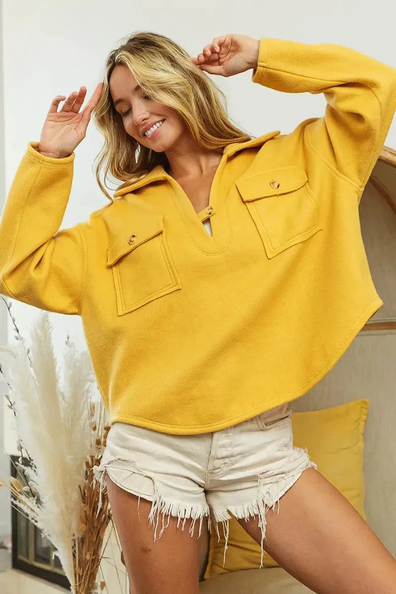 BiBi Flap Pockets Fleece Collared Sweatshirt by BiBi