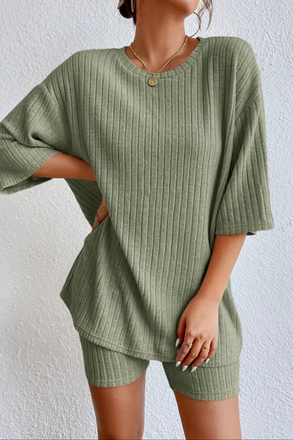 Round Neck Ribbed Top and Shorts Lounge Set by Partner Label