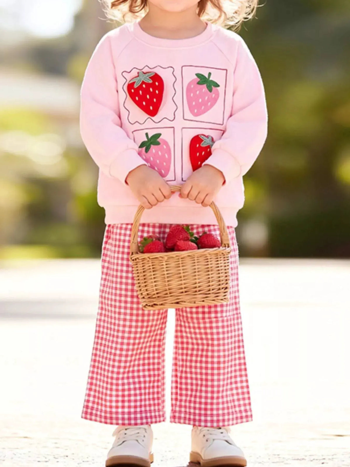 Children's Strawberry Graphic Sweatshirt and Gingham Pants Set by Trendsi
