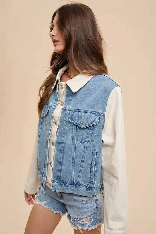 Annie Wear Collared Neck Double Placket Denim Jacket by Annie Wear
