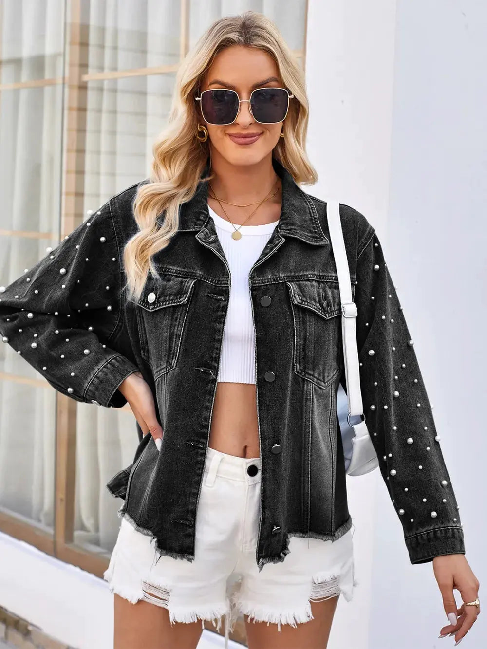 Pearl Trim Raw Hem Denim Jacket by Partner Label