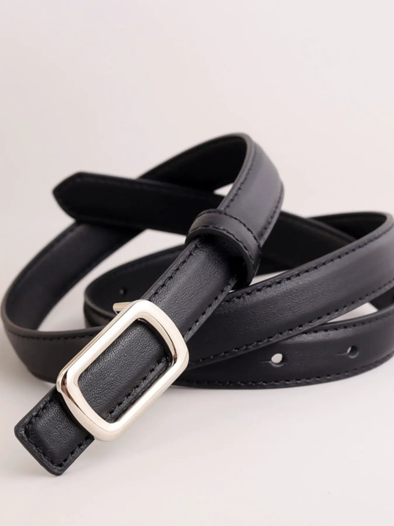 Leather Skinny Belt with Buckle by Trendsi