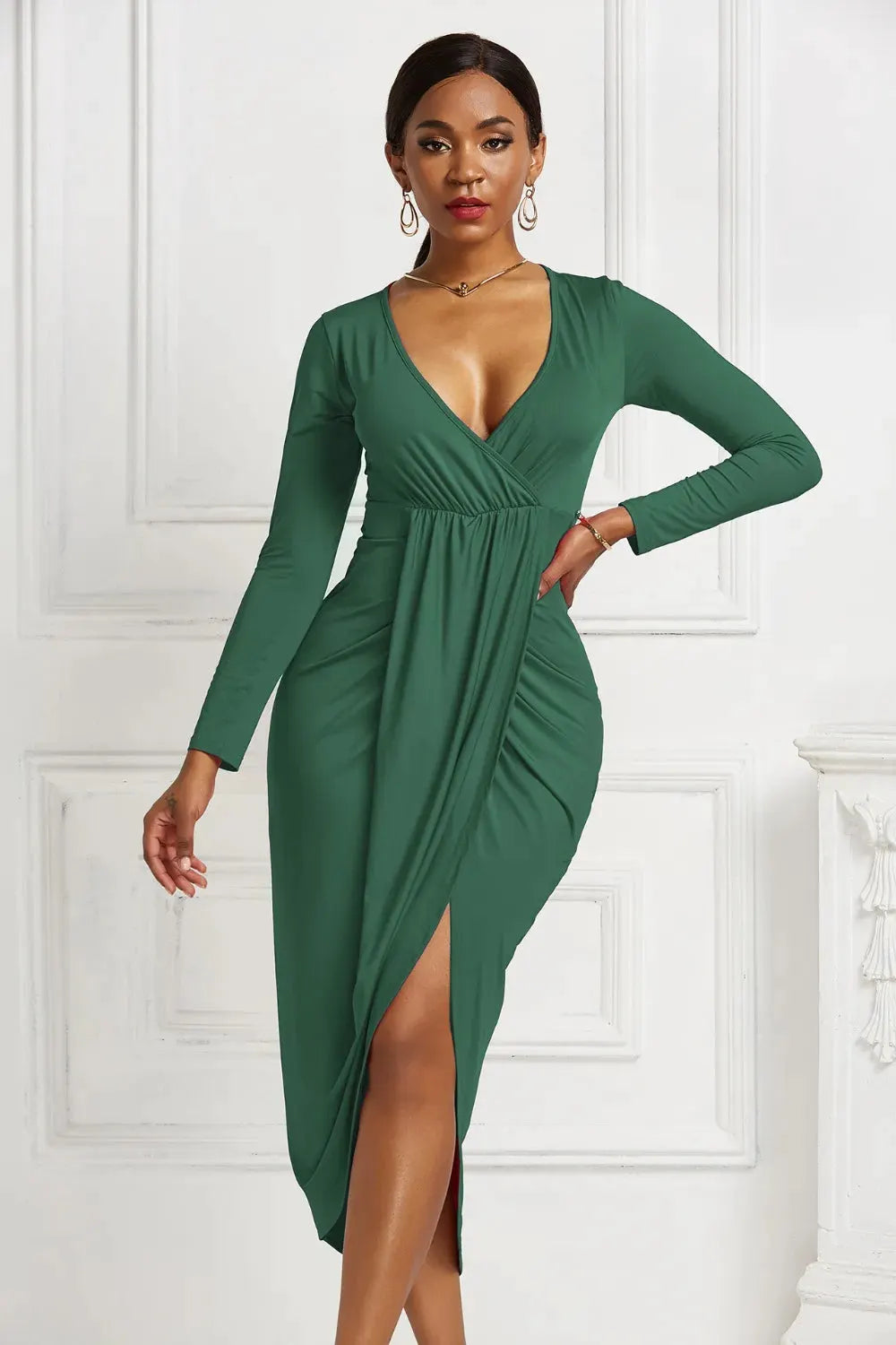 High-low Ruched Surplice Long Sleeve Dress by Partner Label