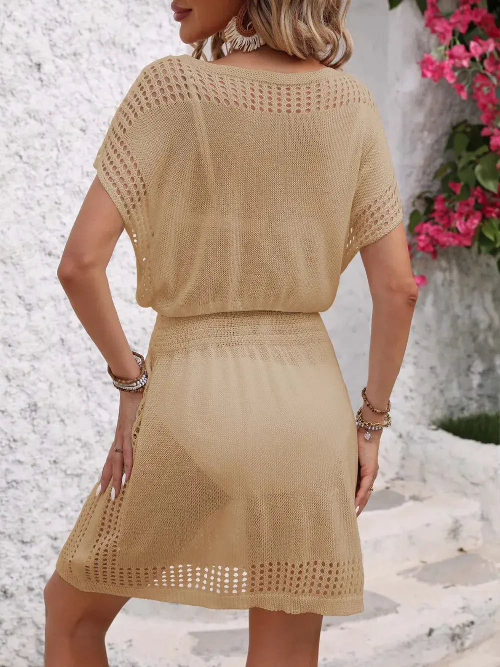 Openwork V-Neck Short Sleeve Cover-Up Dress by Partner Label