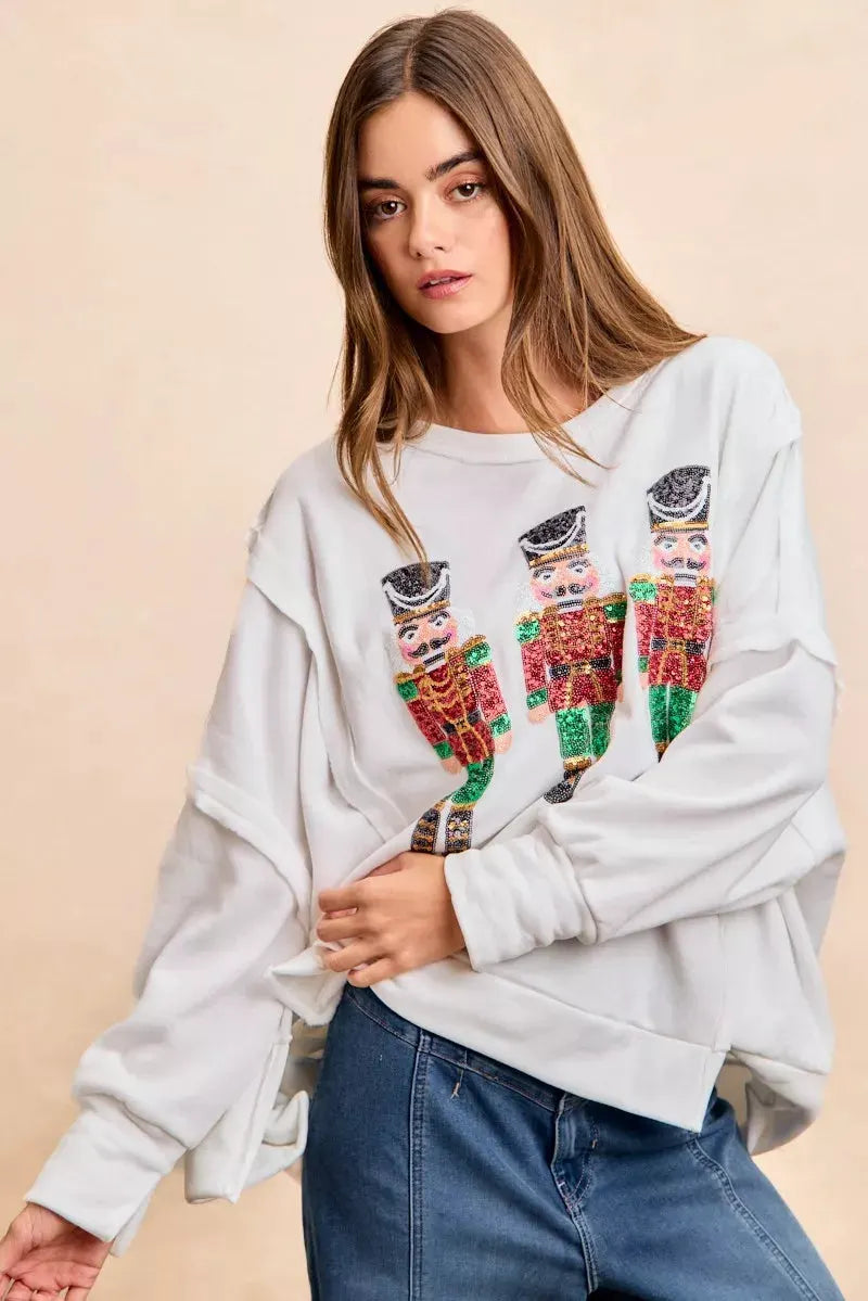 BiBi Christmas Sequin Nutcrackers Embroidery Sweatshirt by BiBi