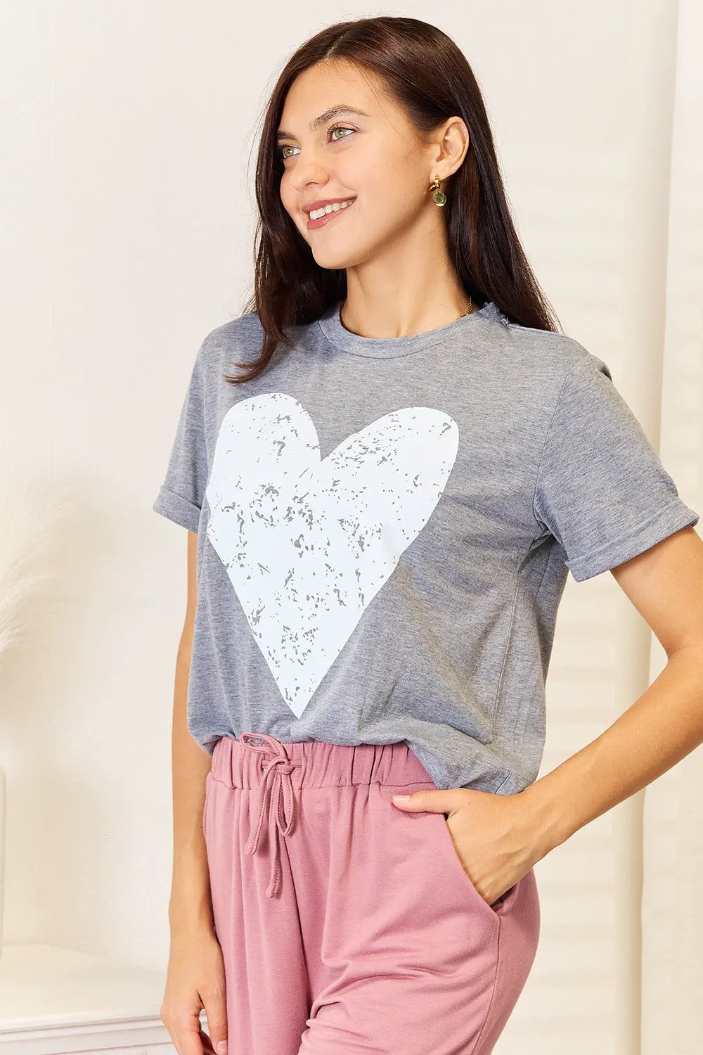 Simply Love Heart Graphic Cuffed Short Sleeve T-Shirt by Partner Label