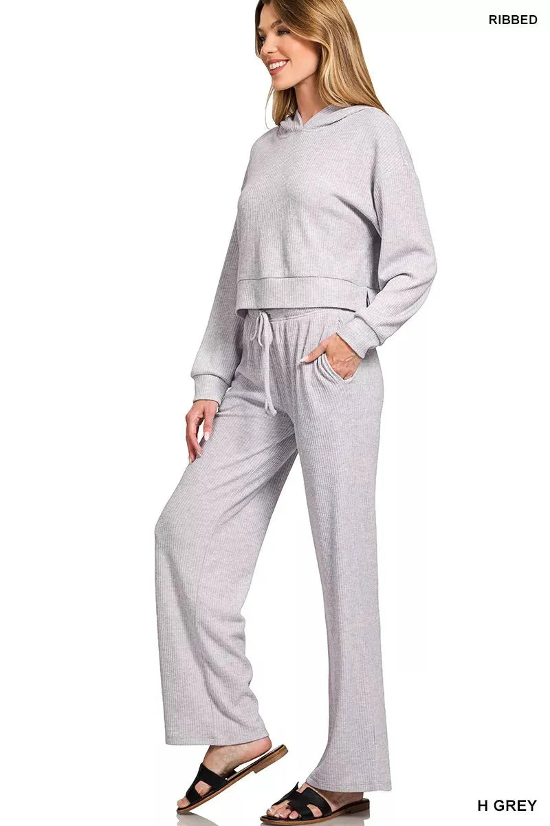 Zenana Drop Shoulder Ribbed Crop Hoodie by Zenana