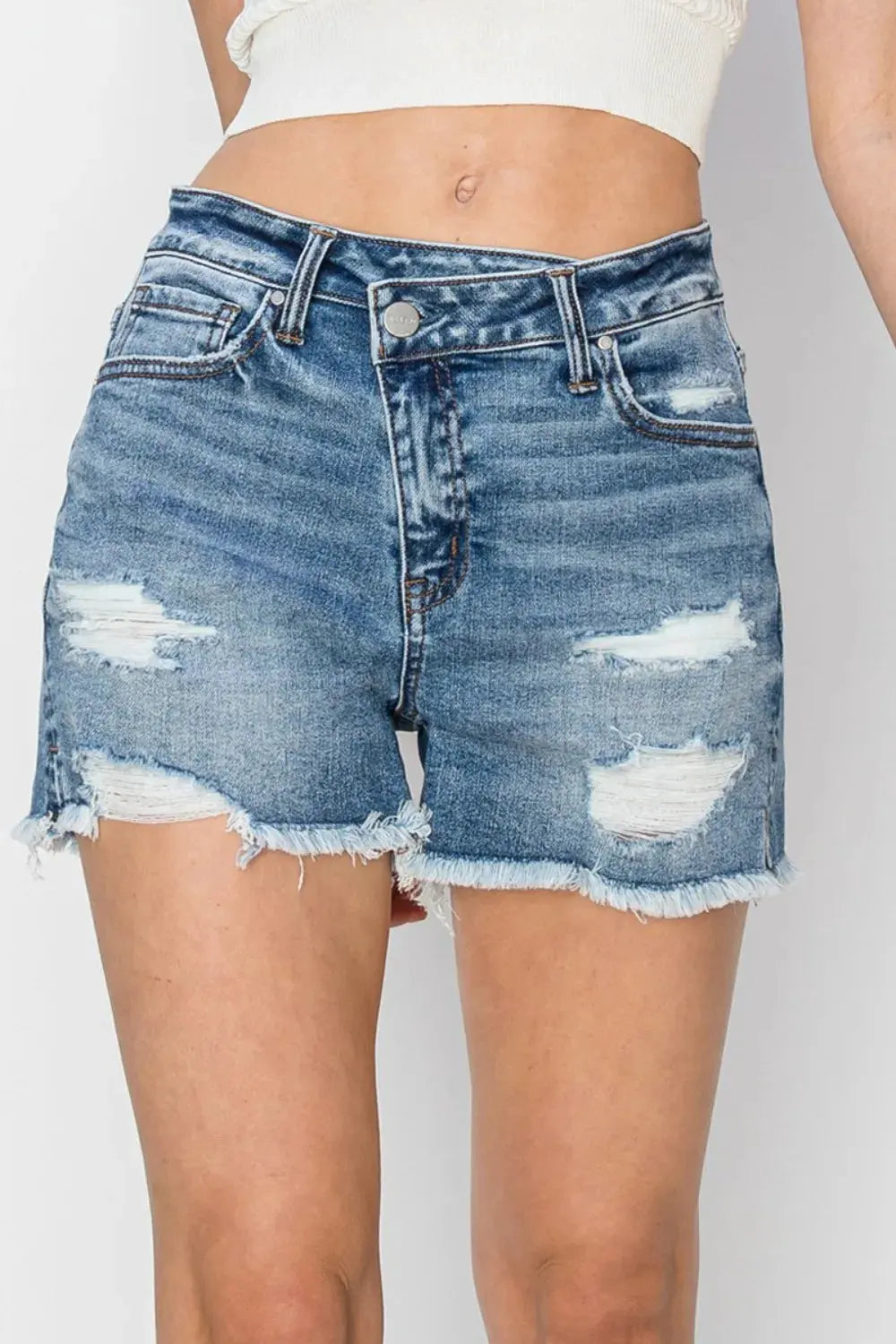RISEN Stepped Waist Frayed Denim Shorts by RISEN