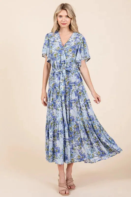 Mittoshop Floral Tie Waist Flutter Sleeve Tiered Dress by Mittoshop