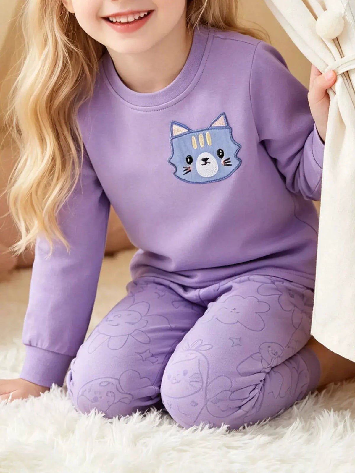 Children's Cat Round Neck Sweatshirt and Pants Set by Trendsi
