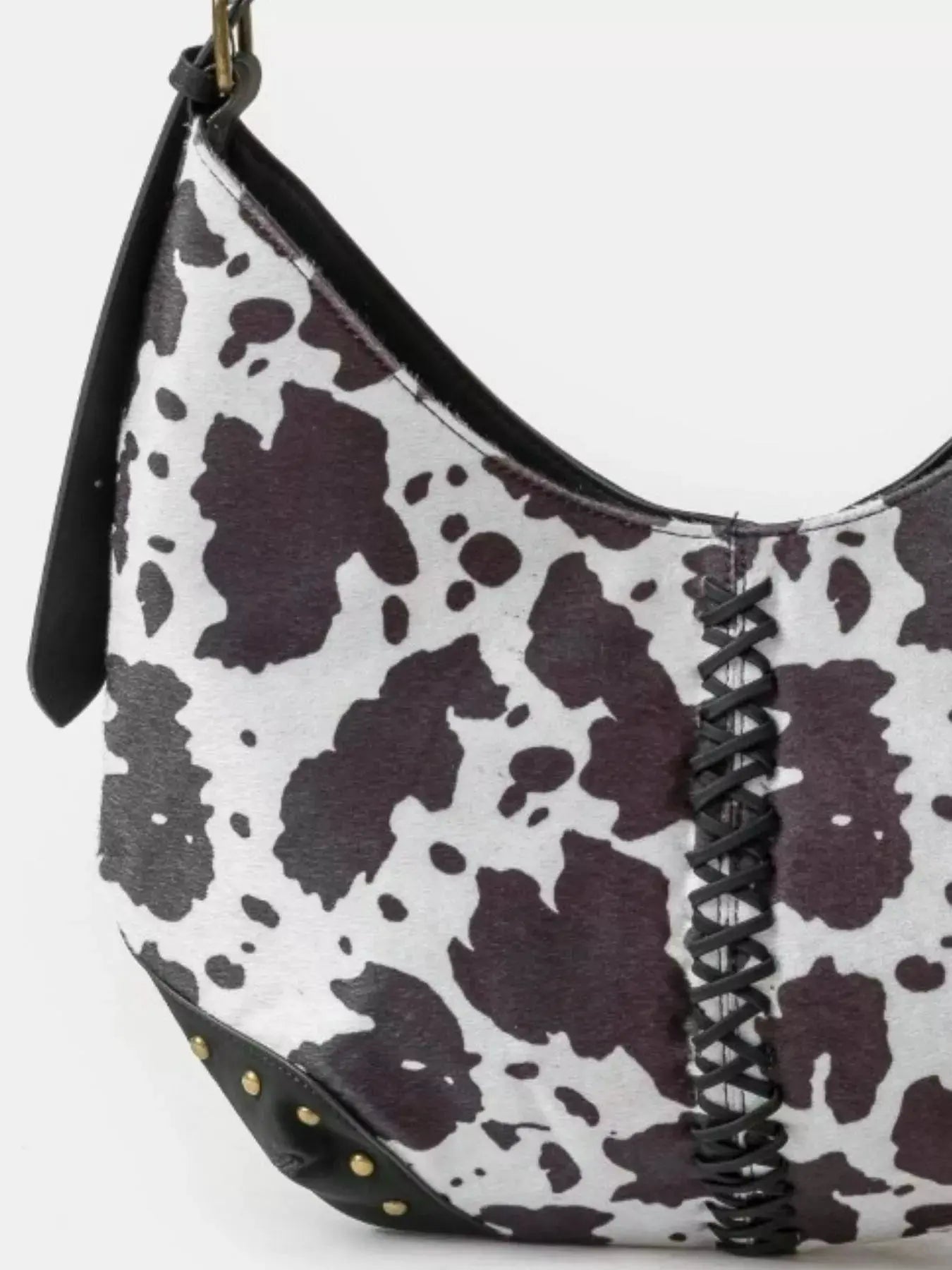 Fame Cow Print Hobo Shoulder Bag with Studded Details by Fame