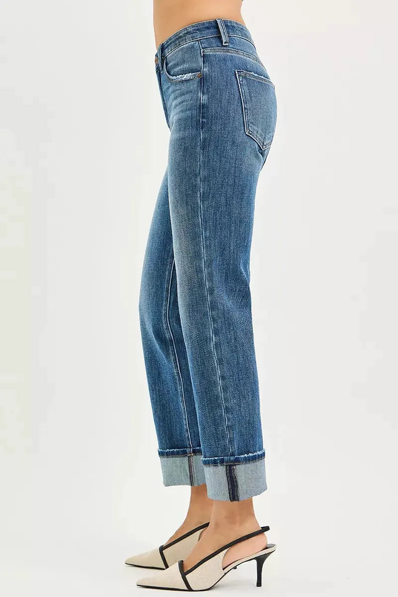 RISEN Full Size 4 Way Stretch Slouchy Straight Jeans with Cuffed Hem Plus Size by RISEN