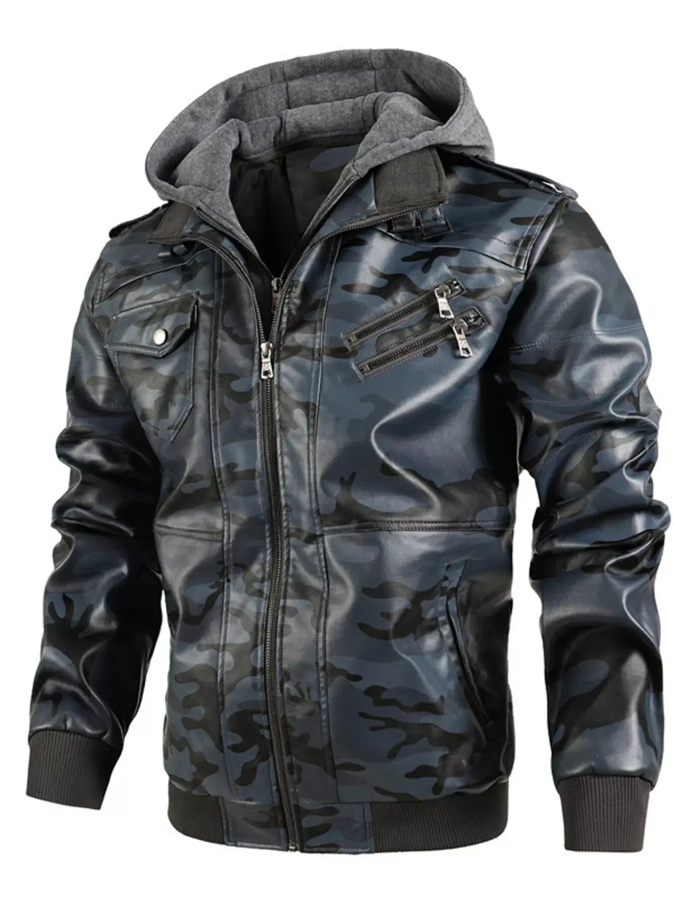 Men's Full Size Camouflage Hooded Faux Leather Jacket Plus Size by Partner Label