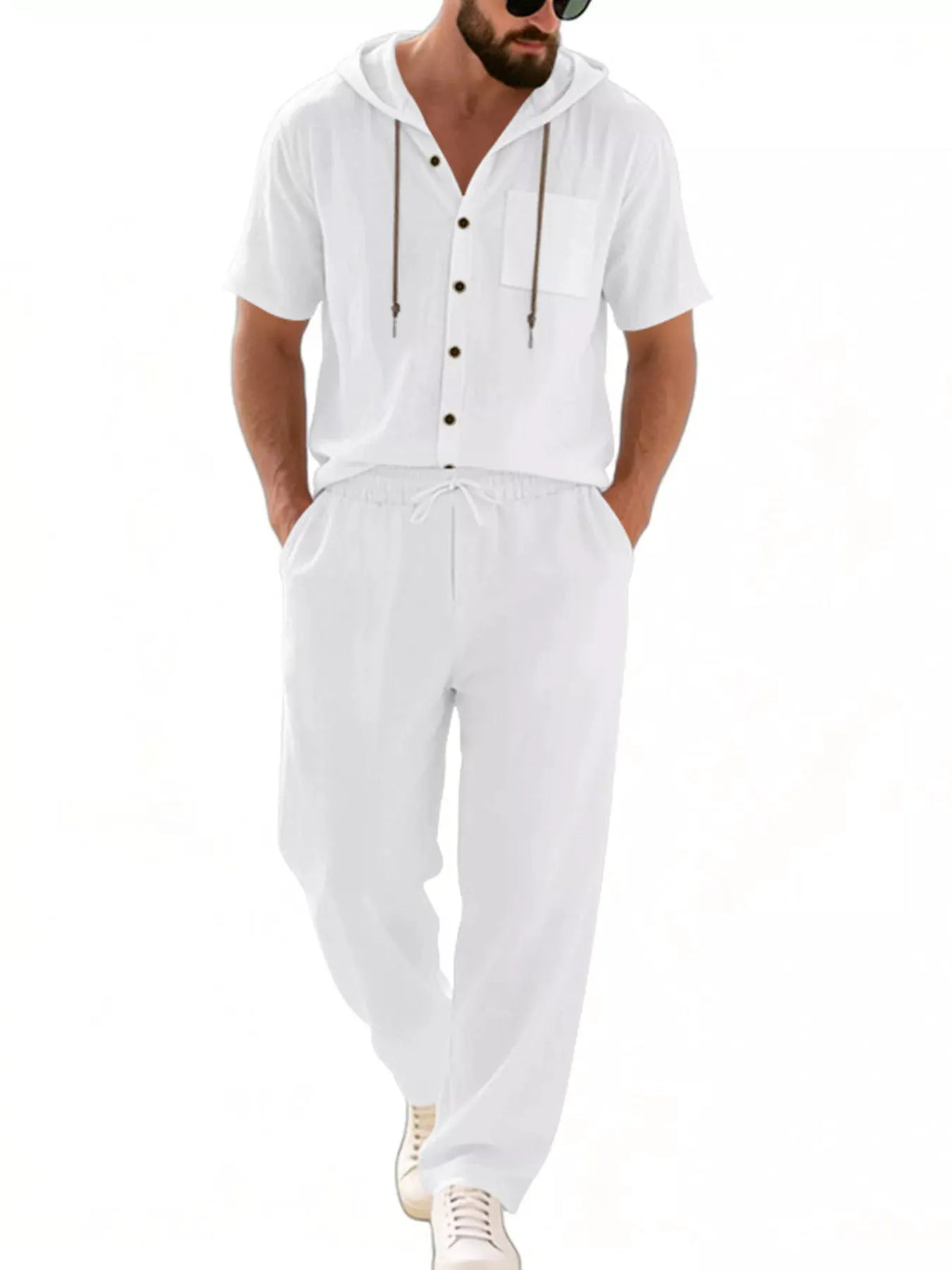 Men's Full Size Casual Hooded Short Sleeve Shirt and Pants Two-Piece Set Plus Size by Trendsi