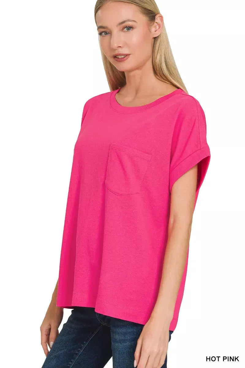 Zenana Cuffed Front Pocket Short Sleeve Tee by Zenana