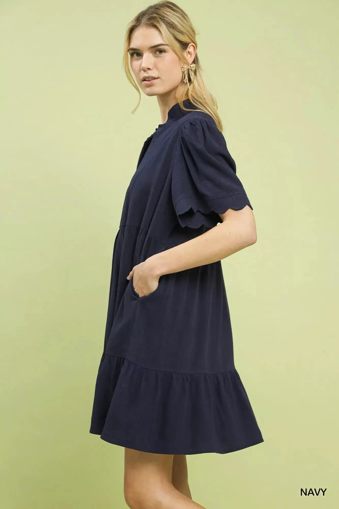 Umgee Linen Tiered Babydoll Dress with Scalloped Sleeves by Umgee
