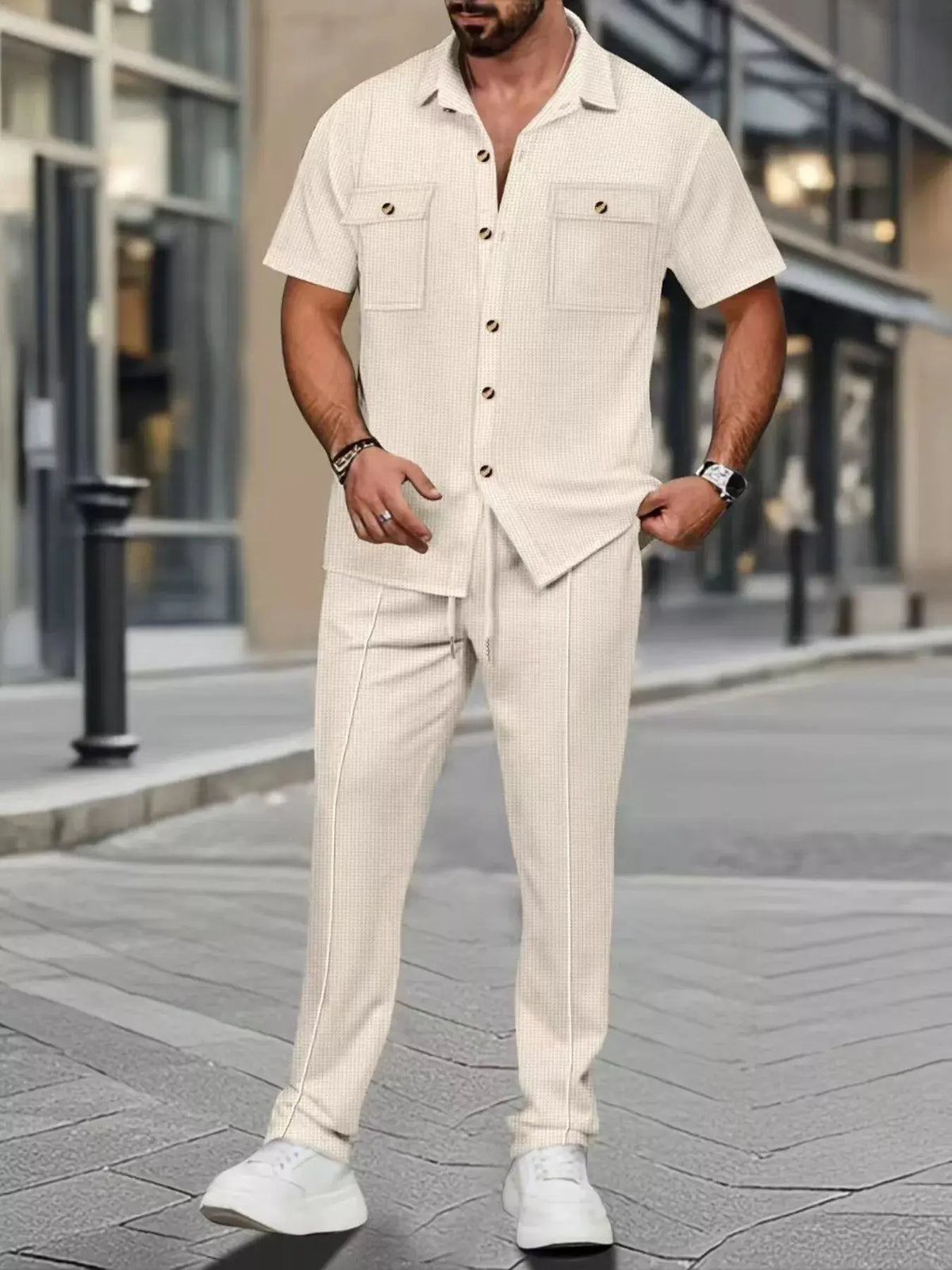 Men's Full Size Casual Short Sleeve Shirt and Pants Set Plus Size by Trendsi