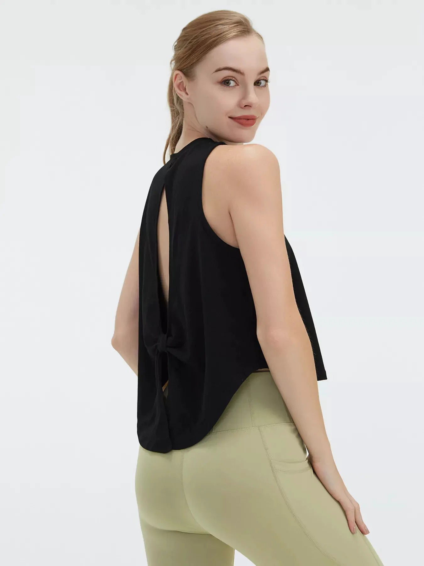 Cutout Back Round Neck Active Tank by Trendsi