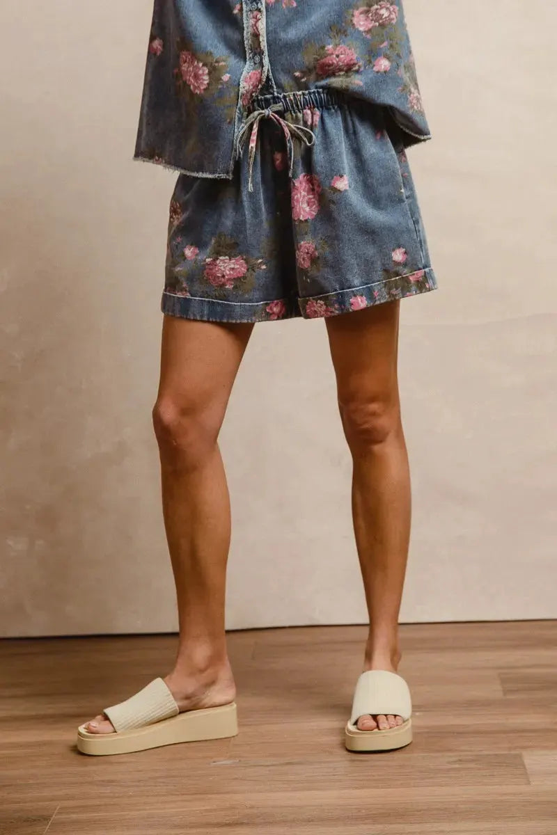 BiBi Floral Printed Denim Short Pants With Pocket by BiBi