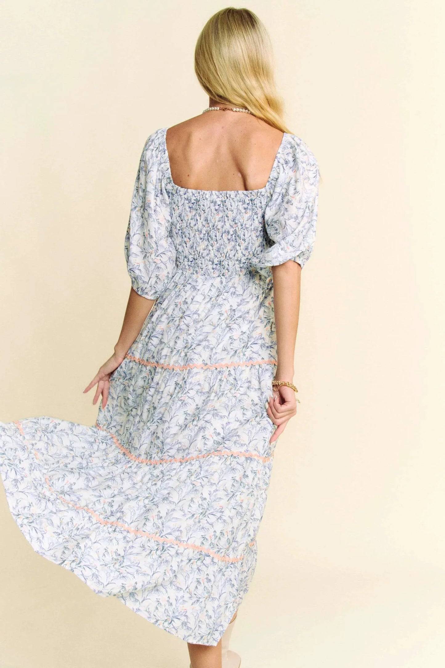 Davi & Dani Contrast Ric Smocking Bodice Tiered Midi Dress by Davi & Dani