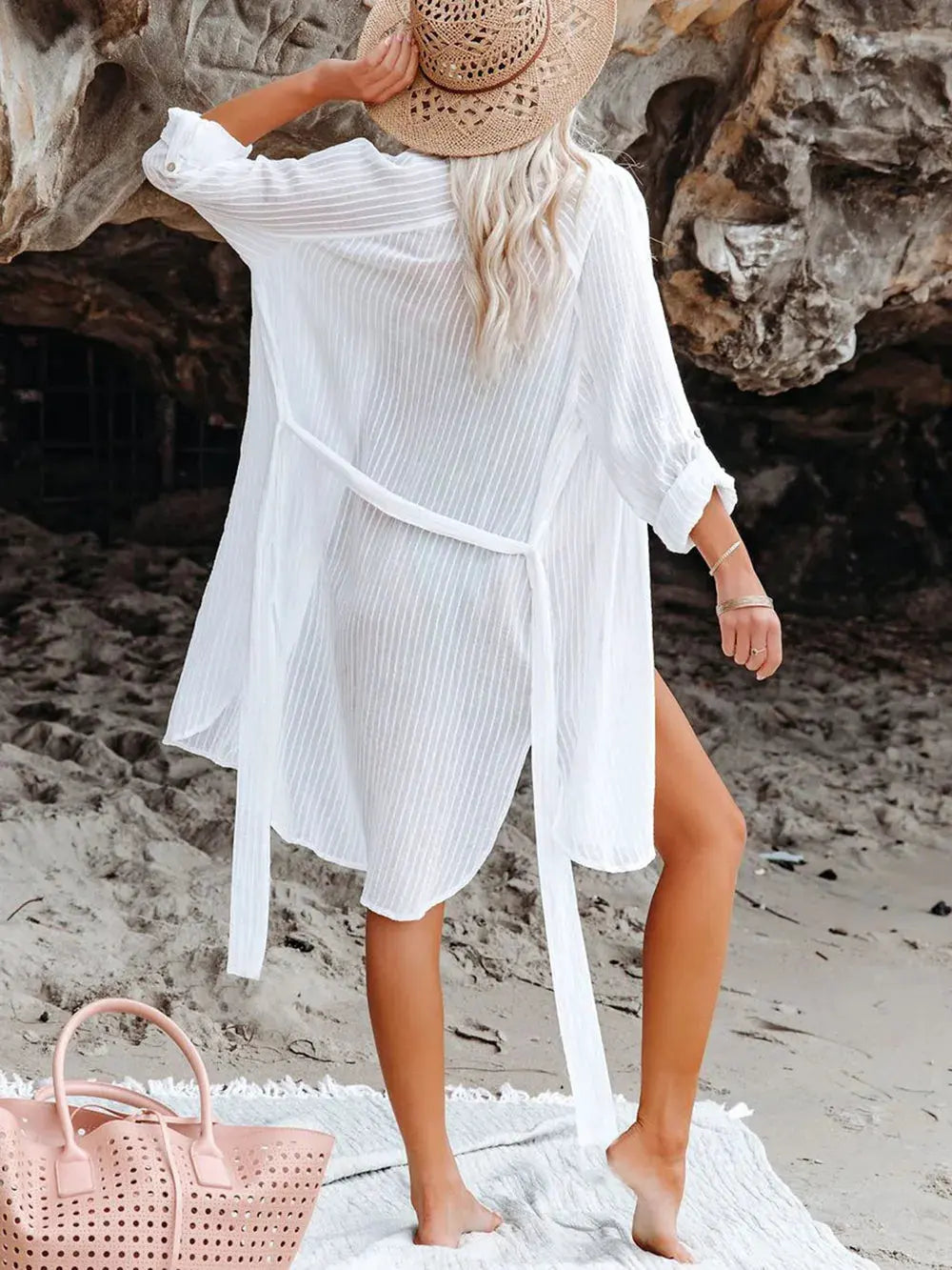Button Up Roll-Tab Sleeve Cover-Up by Partner Labels