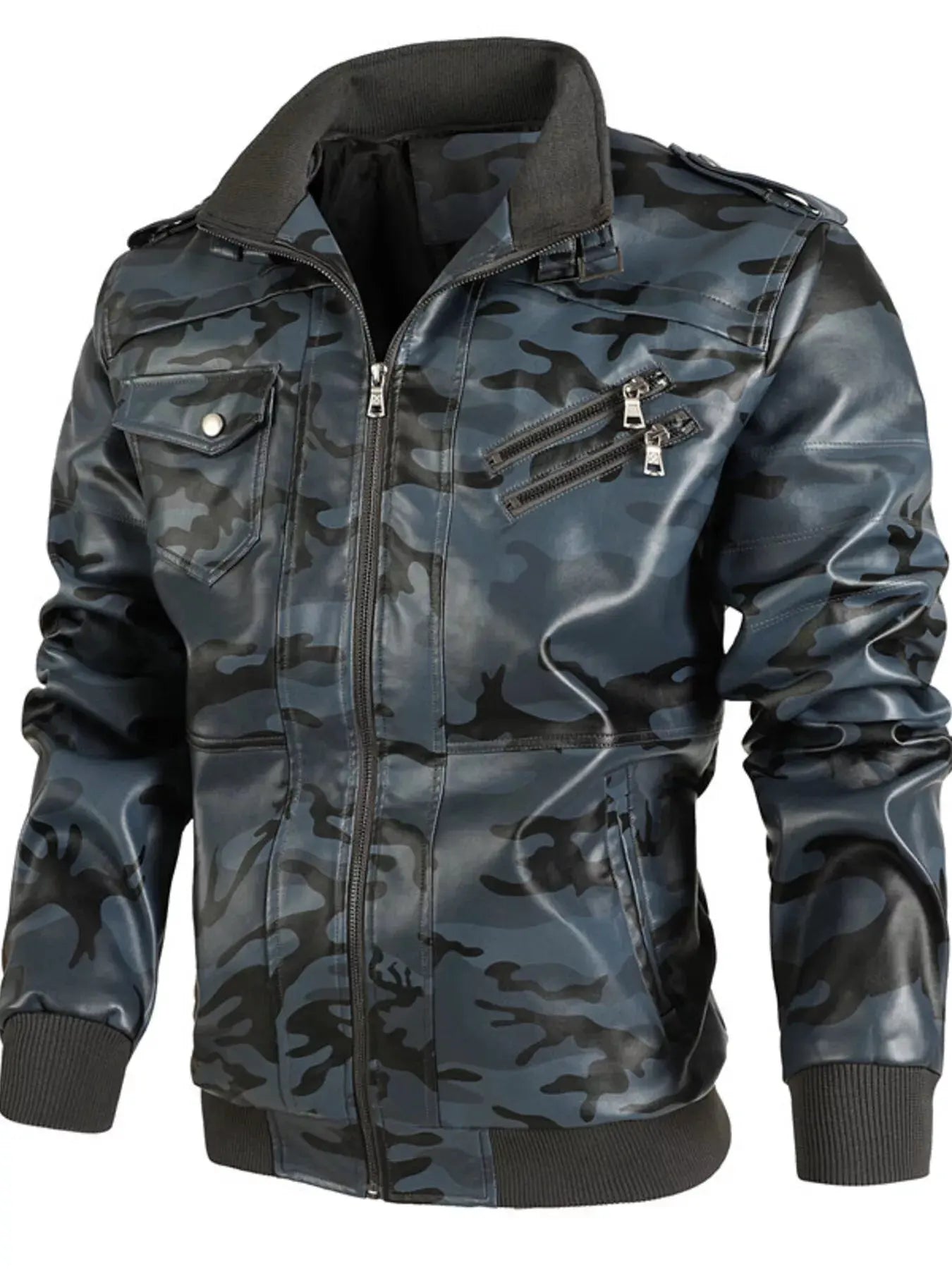 Men's Full Size Zip Up Camouflage Faux Leather Jacket Plus Size by Partner Label