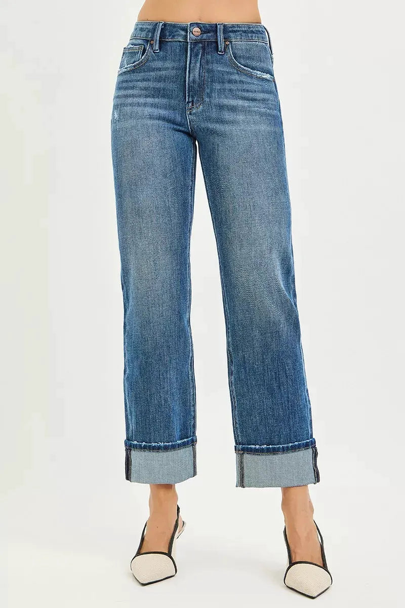 RISEN Full Size 4 Way Stretch Slouchy Straight Jeans with Cuffed Hem Plus Size by RISEN