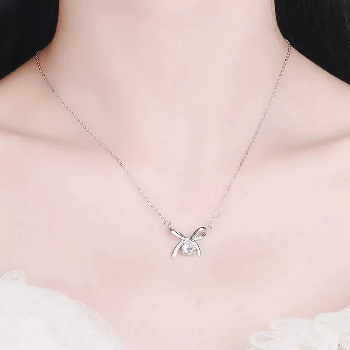925 Sterling Silver Zircon Ribbon Pendant Necklace by Partner Labels