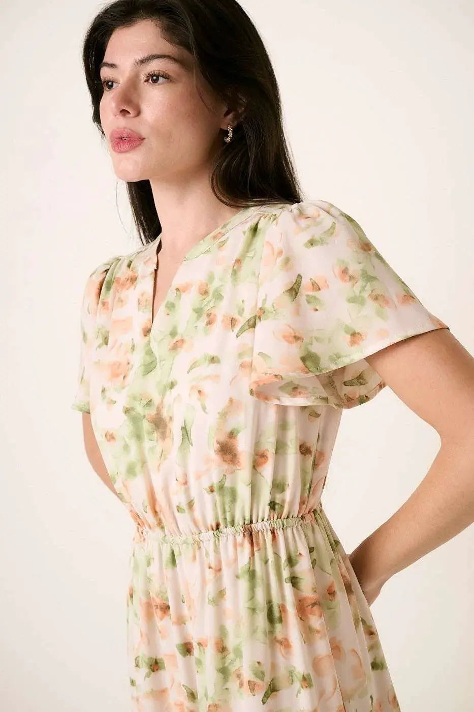 Mittoshop Flower Print Flutter Sleeve V Slit Maxi Dress by Mittoshop