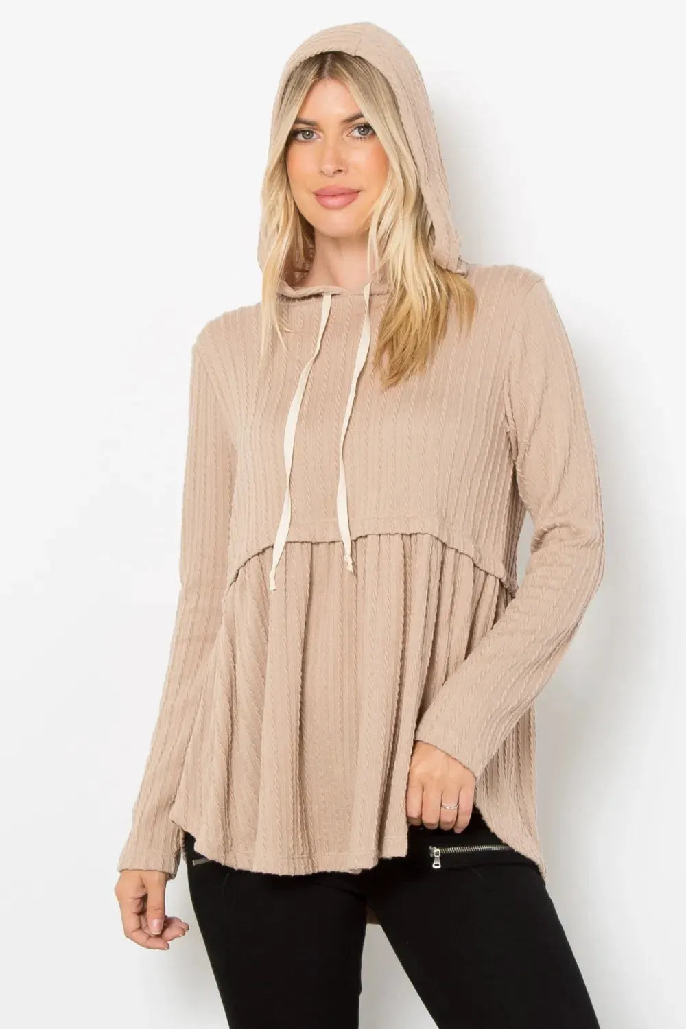 Be Stage Full Size Long Sleeve Peplum Cable Knit Hoodie by BE Stage
