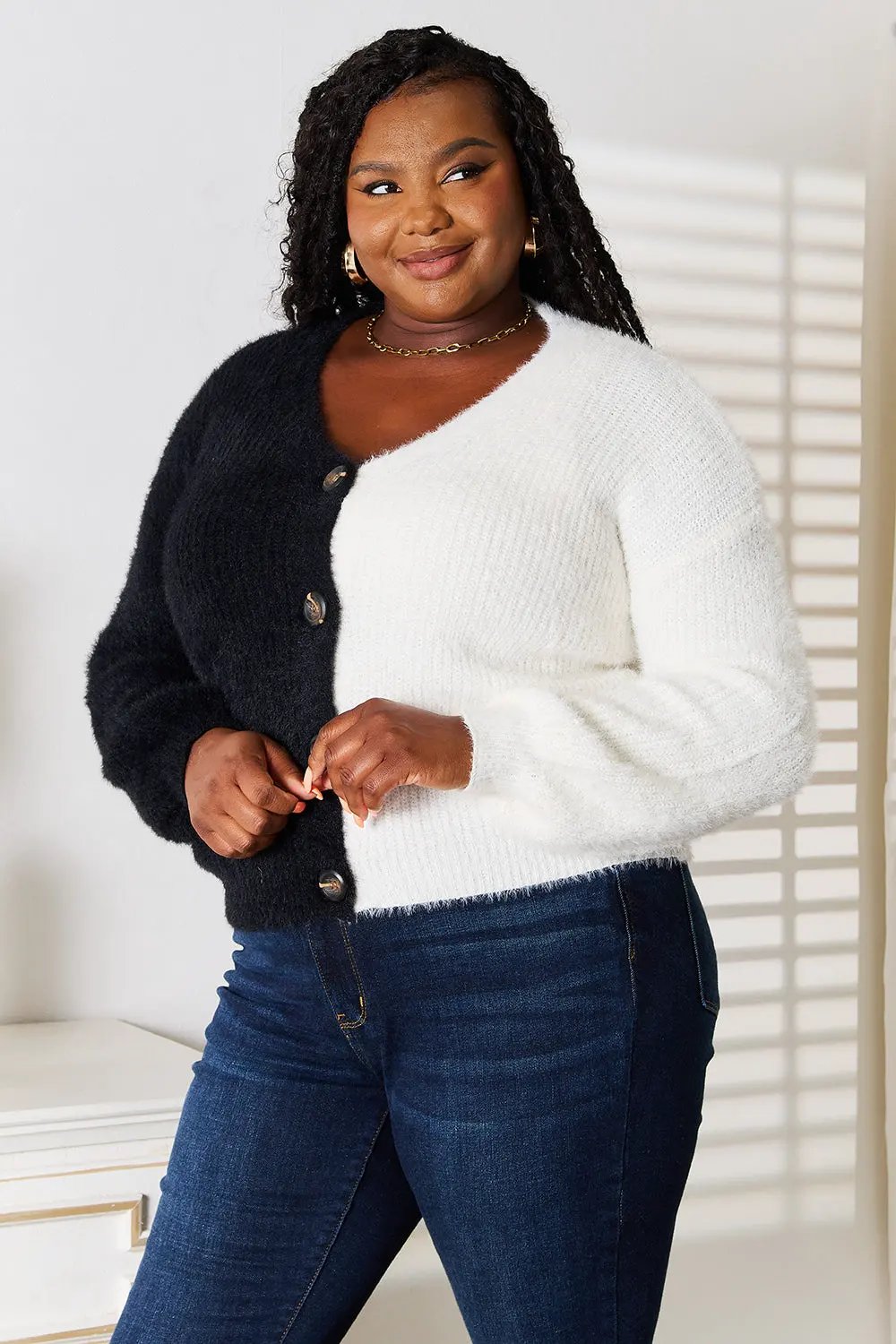 Angel Wings Woven Right Contrast Button-Front V-Neck Cardigan by Angel Wings