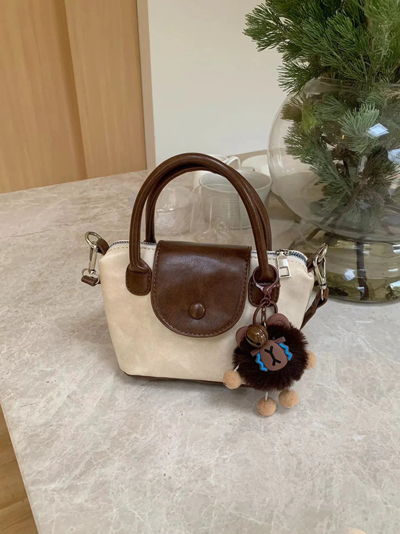 Two-Tone Flap Decor Crossbody Bag with Charm by Partner Label
