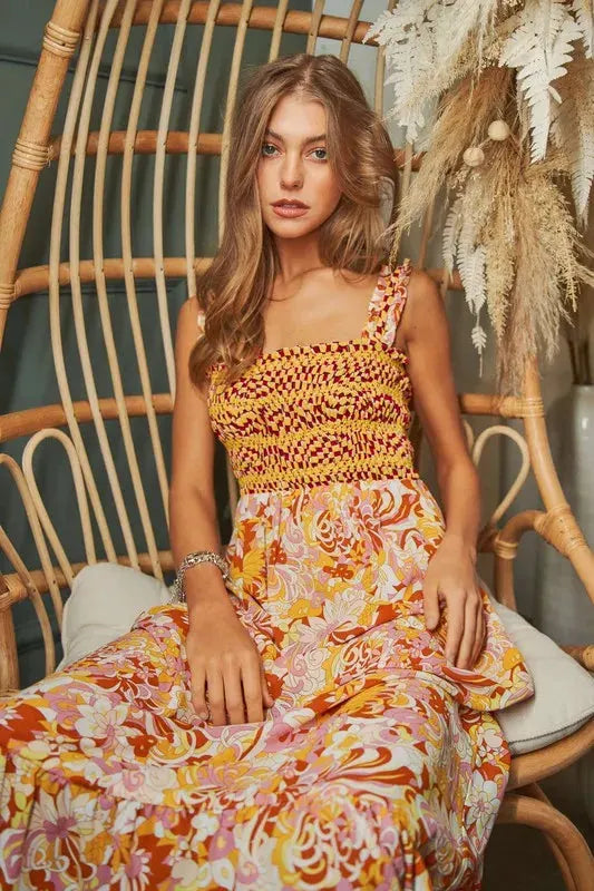 Davi & Dani Multi Smocked Bodice Geo Ruffle Strappy Midi Dress by Davi & Dani