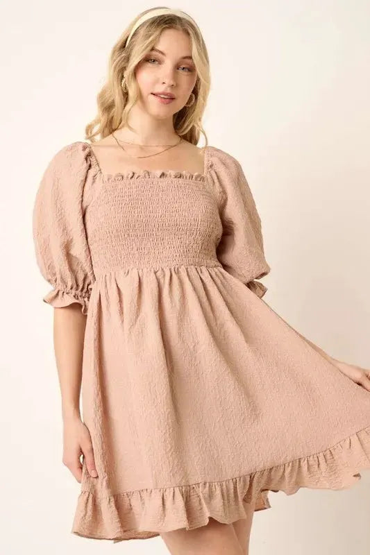 Mittoshop Smocked Ruffled Hem Half Sleeve Mini Dress by Mittoshop