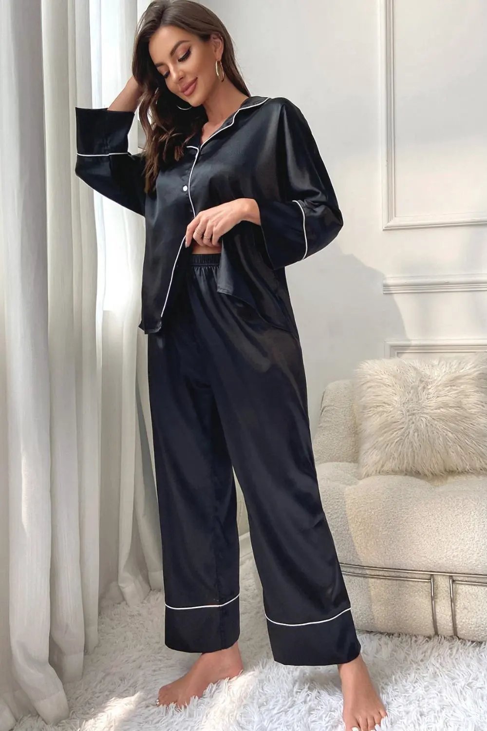 Contrast Piping Button-Up Top and Pants Pajama Set by Partner Label