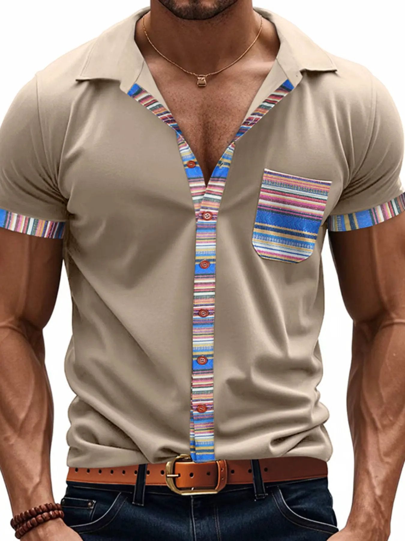 Men's Full Size Short Sleeve Shirt with Colorful Trim Plus Size by Trendsi