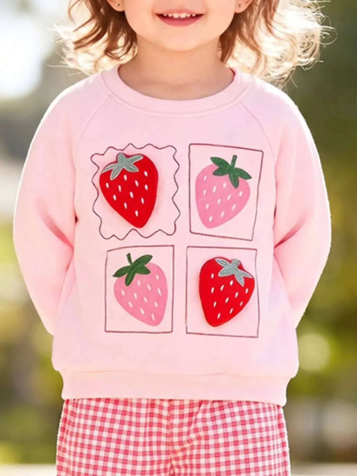 Children's Strawberry Graphic Sweatshirt and Gingham Pants Set by Trendsi
