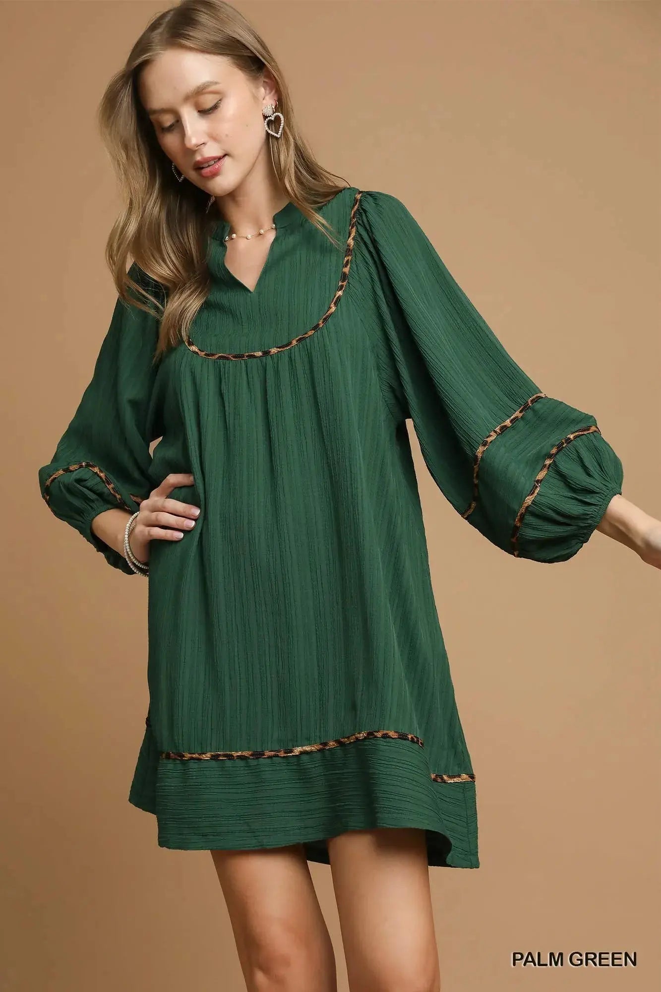 Umgee Textured Babydoll Dress with Leopard Trim by Umgee