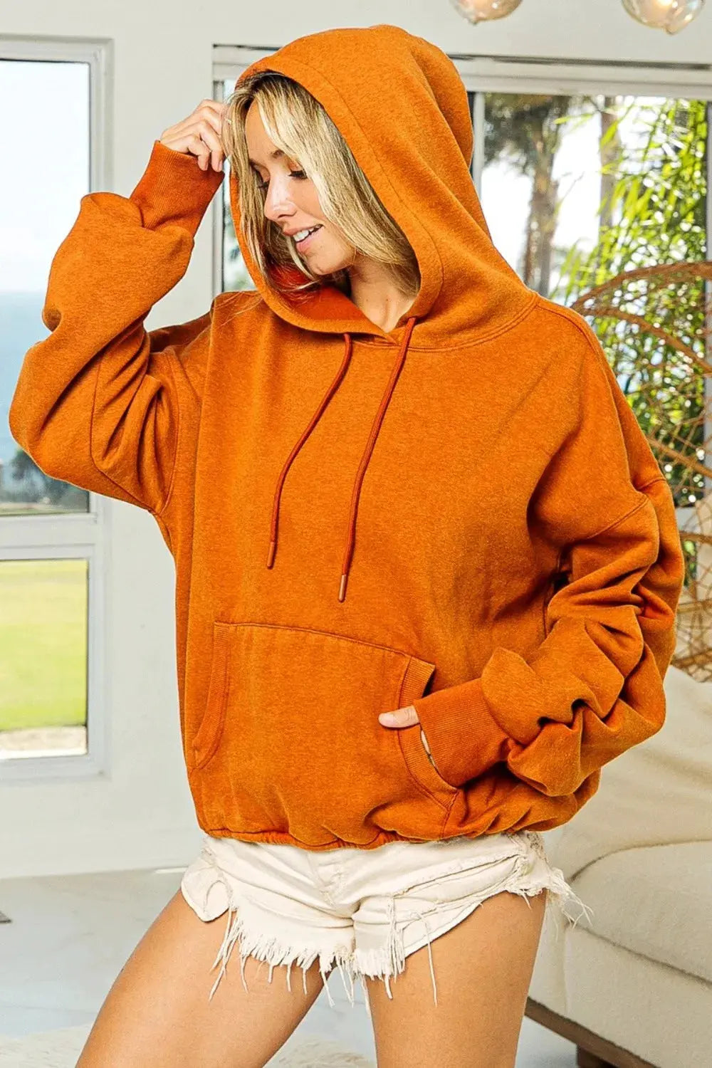 BiBi Ruched Long Sleeve Washed Fleece Hoodie by BiBi