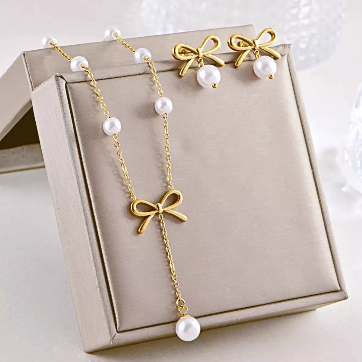 18K Gold-Plated Bowknot Pearl Jewelry Set by Partner Label