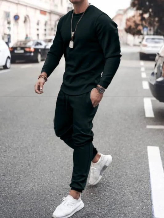 Men's Full Size Round Neck Long Sleeve Top and Pants Set Plus Size by Trendsi