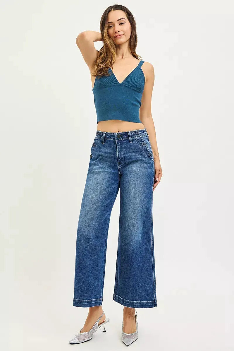 RISEN High Rise Wide Leg Jeans With Pocket Button Detail by RISEN