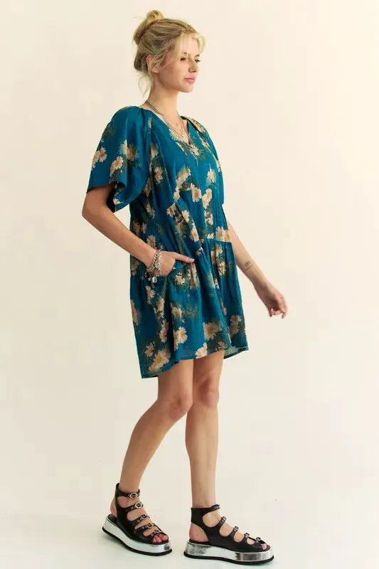 Davi & Dani Floral Print Short Bell Sleeve Pleated Mini Dress by Davi & Dani