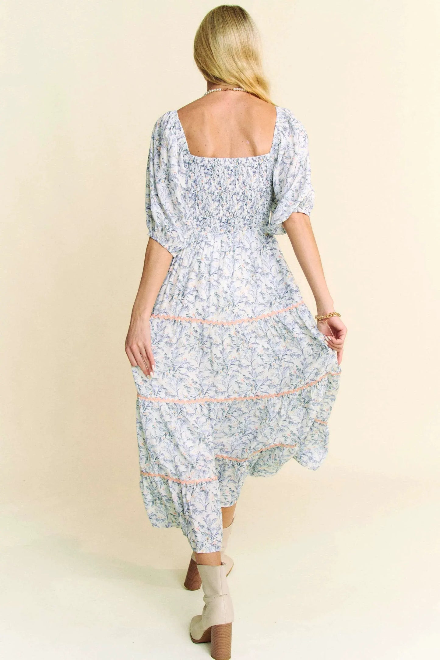 Davi & Dani Contrast Ric Smocking Bodice Tiered Midi Dress by Davi & Dani