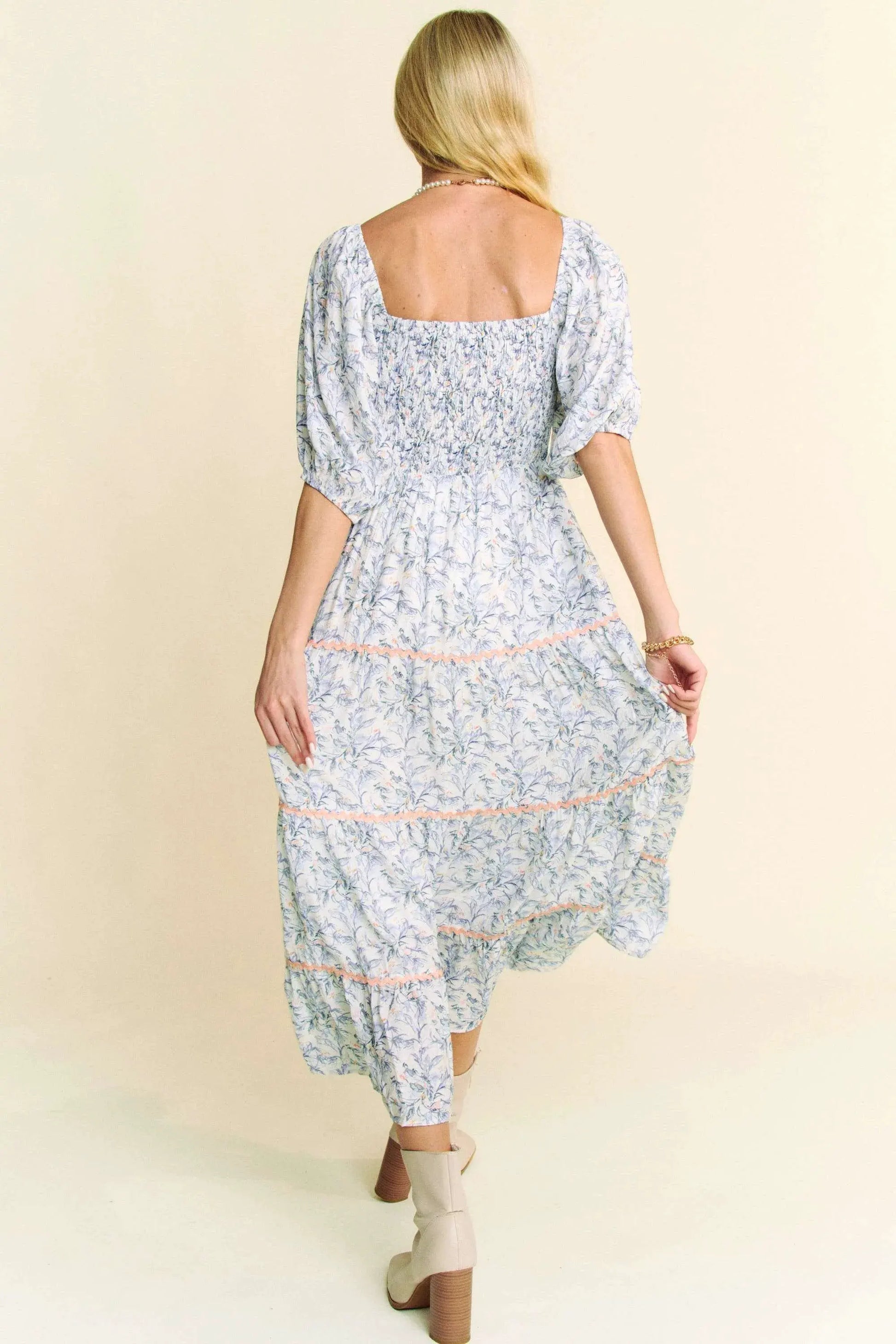 Davi & Dani Contrast Ric Smocking Bodice Tiered Midi Dress by Davi & Dani