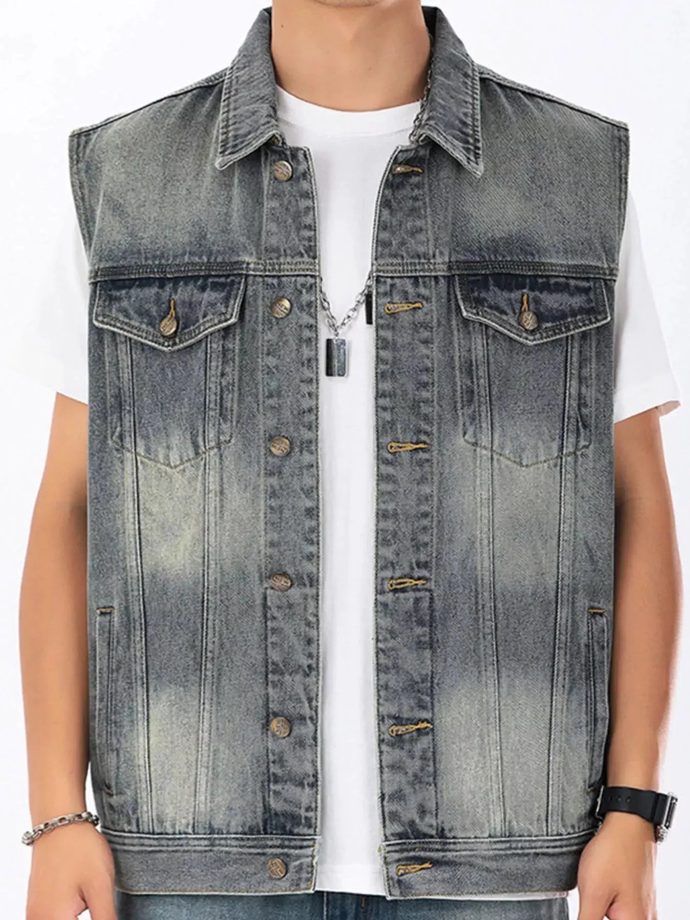 Men's Plus Size Vintage Washed Sleeveless Denim Vest by Trendsi
