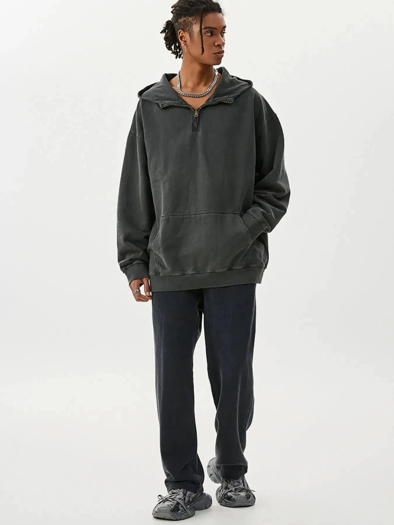 Men's Washed Quarter-Zip Hoodie with Kangaroo Pocket by Trendsi