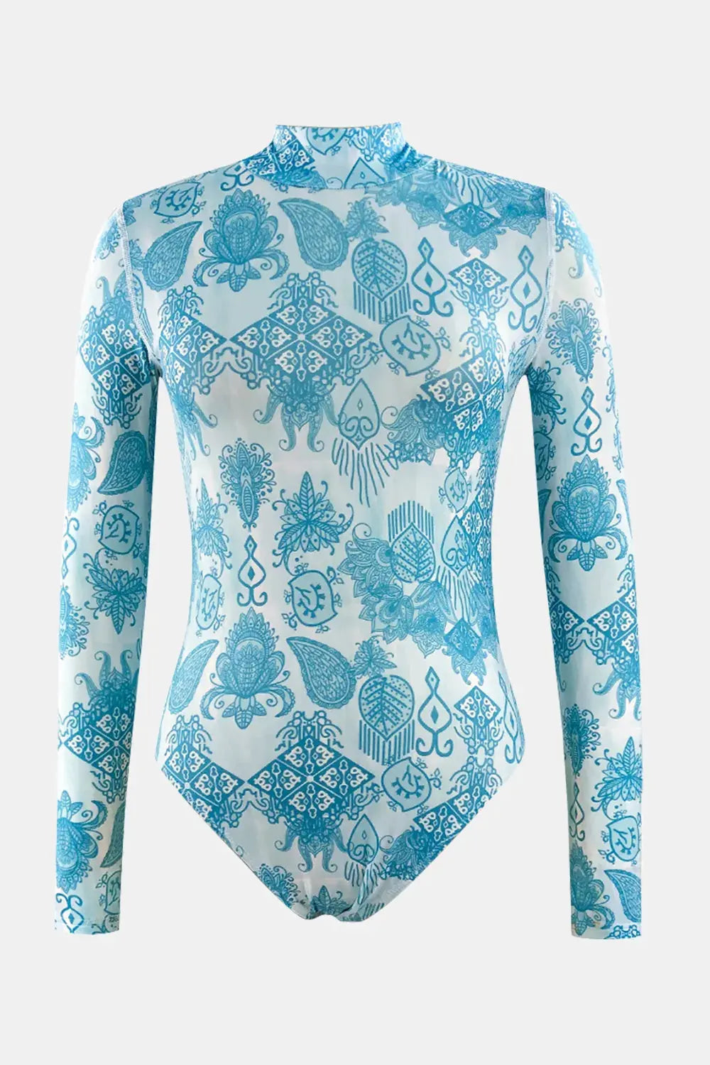 Printed Mock Neck Long Sleeve One-Piece Swimwear by Partner Label